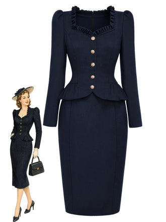 Dunkelblaues 50er Blazer-Bleistiftkleid mit Rüschenkragen