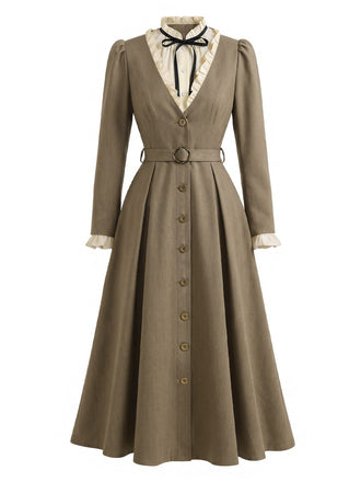 Braunes 40er Kleid im Zweiteiler-Look mit Rüschen