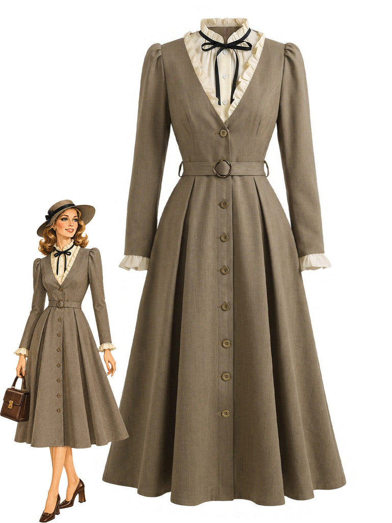 Braunes 40er Kleid im Zweiteiler-Look mit Rüschen