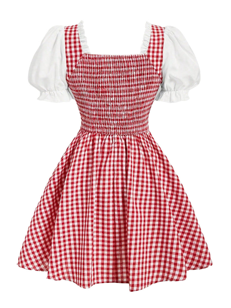 Rot-weißes 50er Gingham-Kleid mit Raffungen und Schnürung