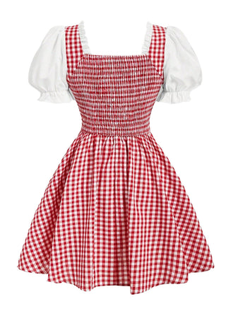 Rot-weißes 50er Gingham-Kleid mit Raffungen und Schnürung