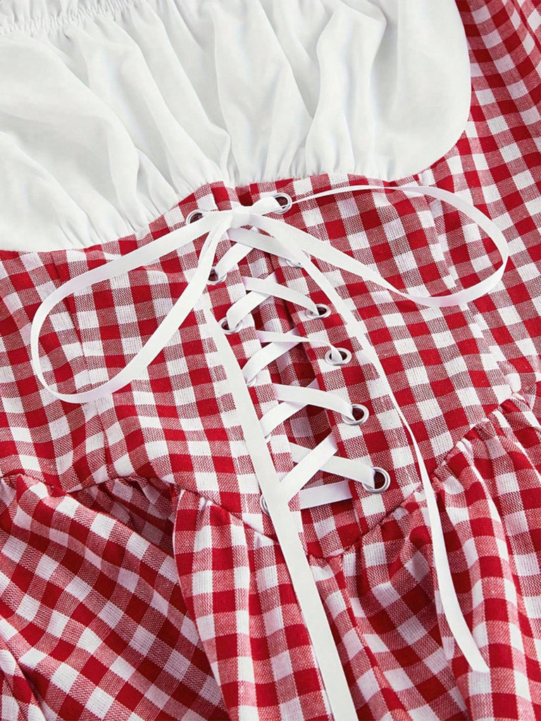 Rot-weißes 50er Gingham-Kleid mit Raffungen und Schnürung