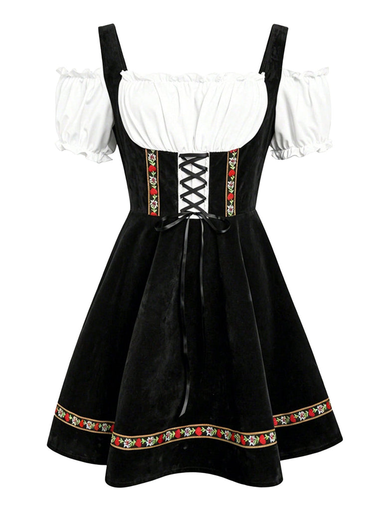 50er Oktoberfest-Dirndl-Set mit Blumen und Puffärmeln