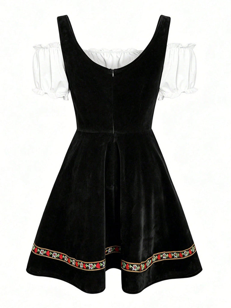 50er Oktoberfest-Dirndl-Set mit Blumen und Puffärmeln