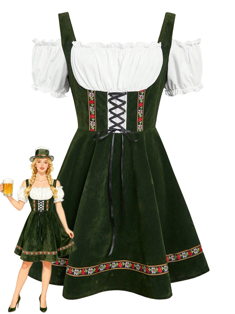 50er Oktoberfest-Dirndl-Set mit Blumen und Puffärmeln