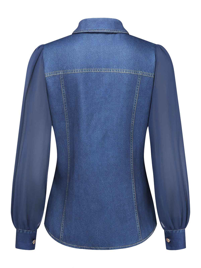 Marineblaue 80er Bluse mit Chiffonpartien und Einsätzen in Denim-Optik