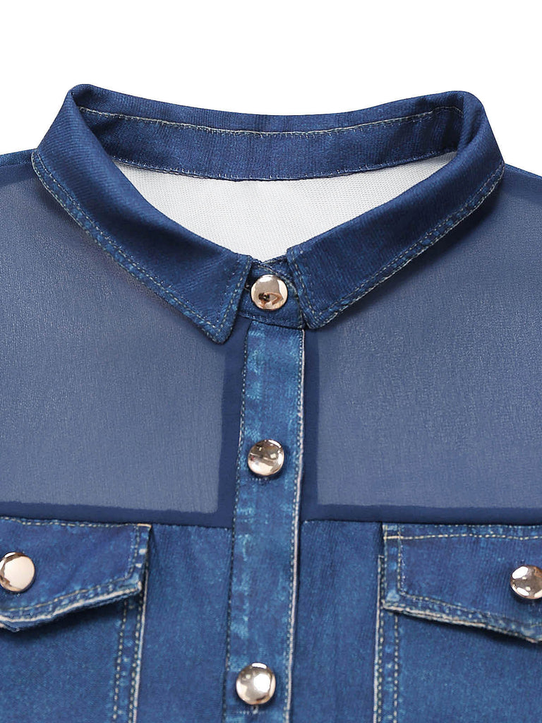 Marineblaue 80er Bluse mit Chiffonpartien und Einsätzen in Denim-Optik