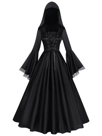 Schwarzes 70er Hexenkleid mit Kapuze und Mittelalter-Look