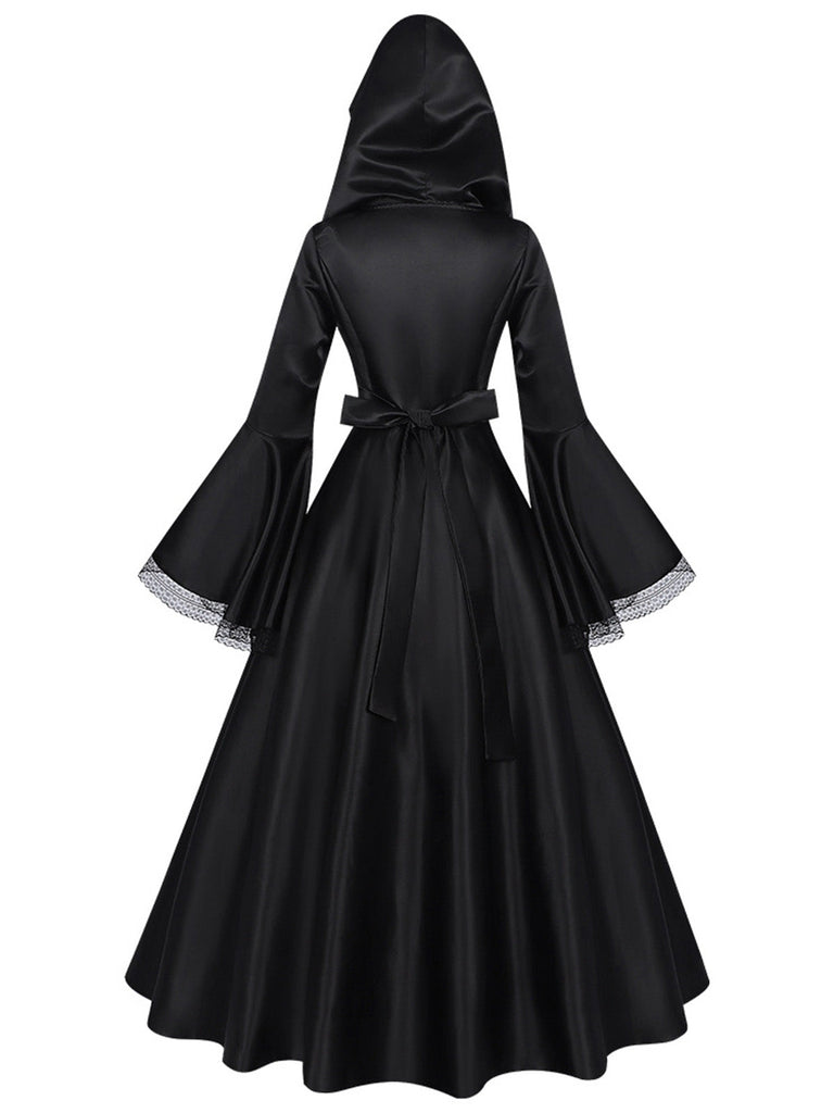 Schwarzes 70er Hexenkleid mit Kapuze und Mittelalter-Look