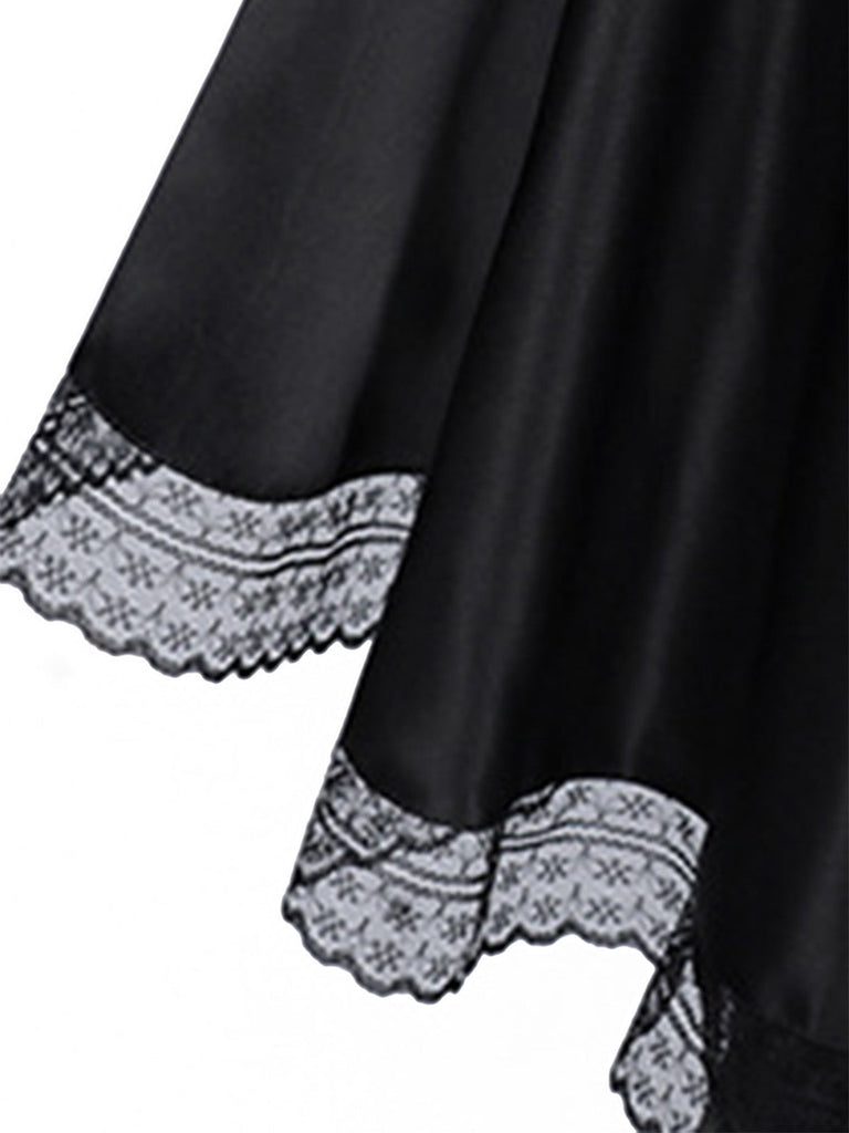 Schwarzes 70er Hexenkleid mit Kapuze und Mittelalter-Look
