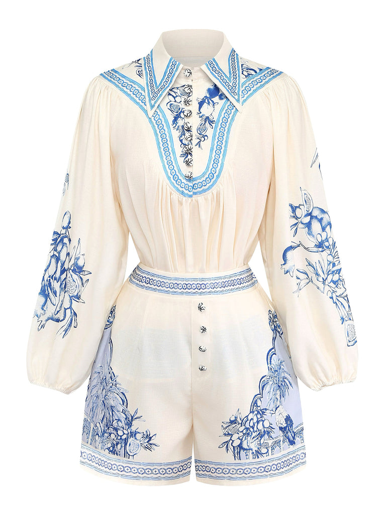 50er Set aus Langarmtop & Shorts mit Porzellan-Blumenprint