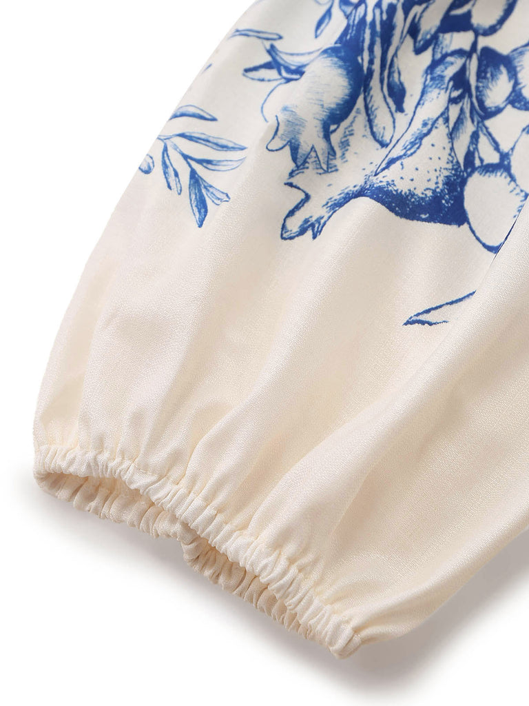 50er Set aus Langarmtop & Shorts mit Porzellan-Blumenprint