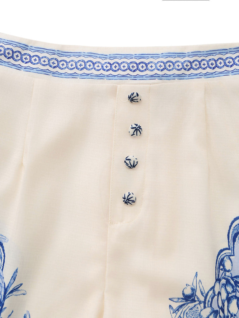 50er Set aus Langarmtop & Shorts mit Porzellan-Blumenprint