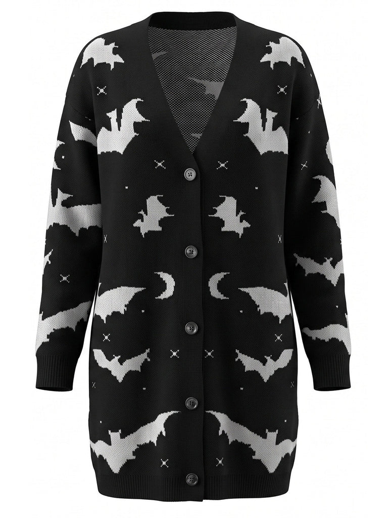 Orangefarbener 70er Halloween Cardigan mit Fledermaus und Mond