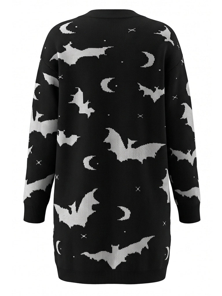 Orangefarbener 70er Halloween Cardigan mit Fledermaus und Mond