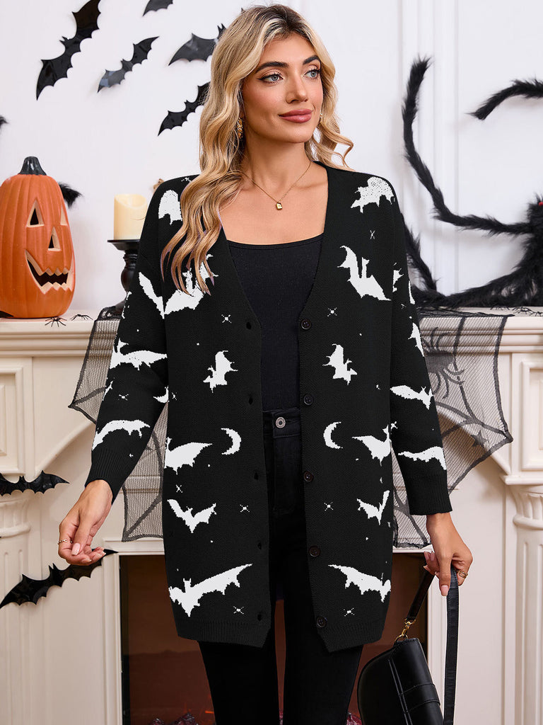 Orangefarbener 70er Halloween Cardigan mit Fledermaus und Mond