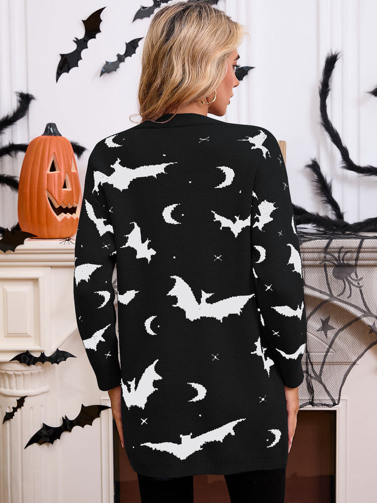 Orangefarbener 70er Halloween Cardigan mit Fledermaus und Mond