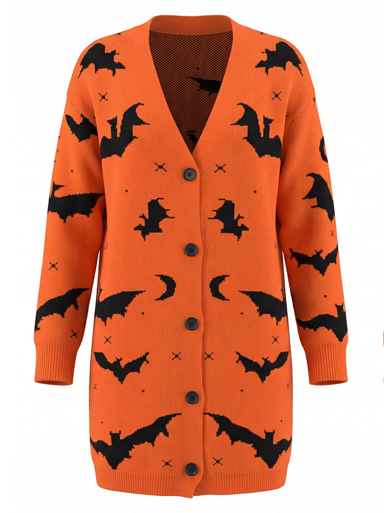 Orangefarbener 70er Halloween Cardigan mit Fledermaus und Mond