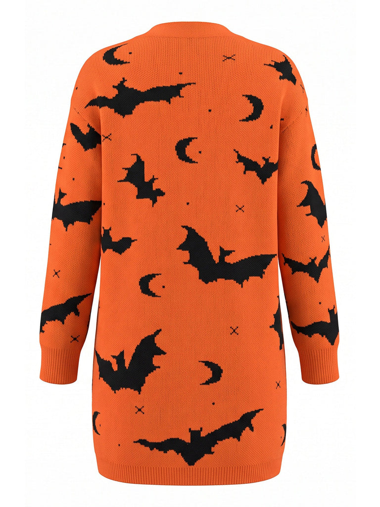 Orangefarbener 70er Halloween Cardigan mit Fledermaus und Mond
