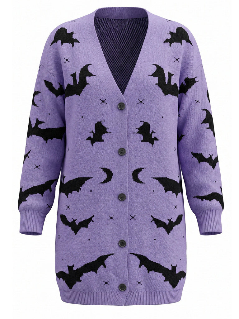 Orangefarbener 70er Halloween Cardigan mit Fledermaus und Mond