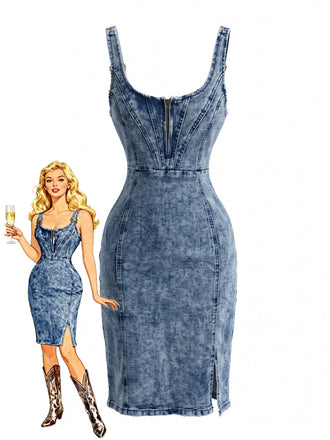70er Denim-Bodycon-Kleid mit U-Ausschnitt und Schlitz