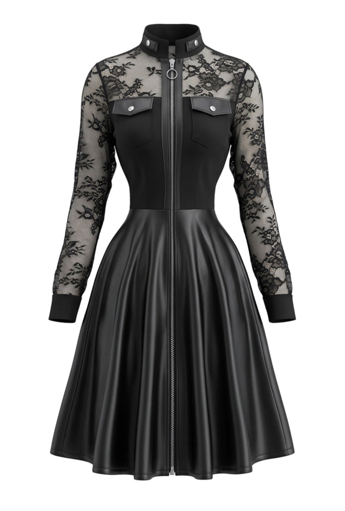 Schwarzes 80er Leder-Kleid mit Langarm und Spitze