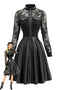 Schwarzes 80er Lederkleid mit Spitze und langen Ärmeln
