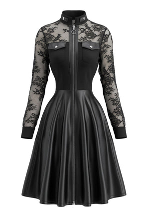 Schwarzes 80er Leder-Kleid mit Langarm und Spitze