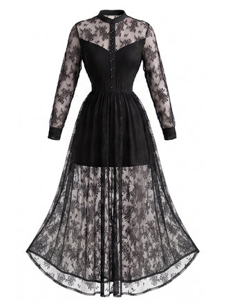Schwarzes 70er Gothic-Maxikleid mit Stehkragen und floraler Spitze
