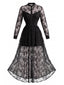 Schwarzes 70er Gothic-Maxikleid mit Stehkragen und floraler Spitze