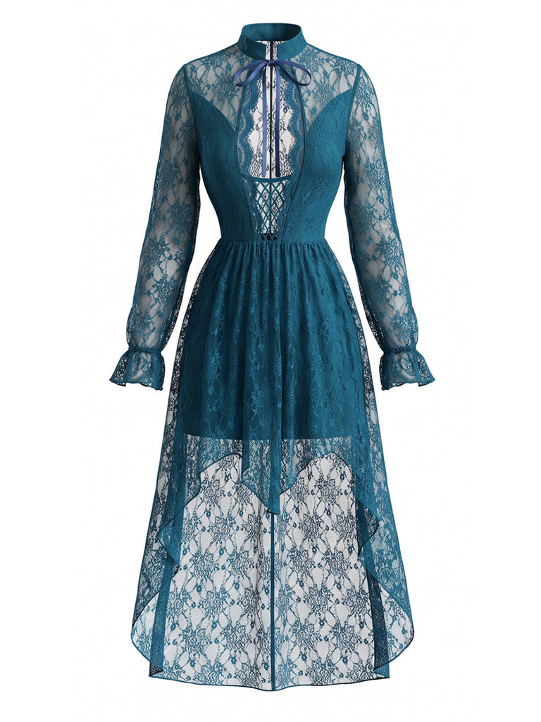 70er Spitzenkleid mit V-Ausschnitt und asymmetrischem Saum