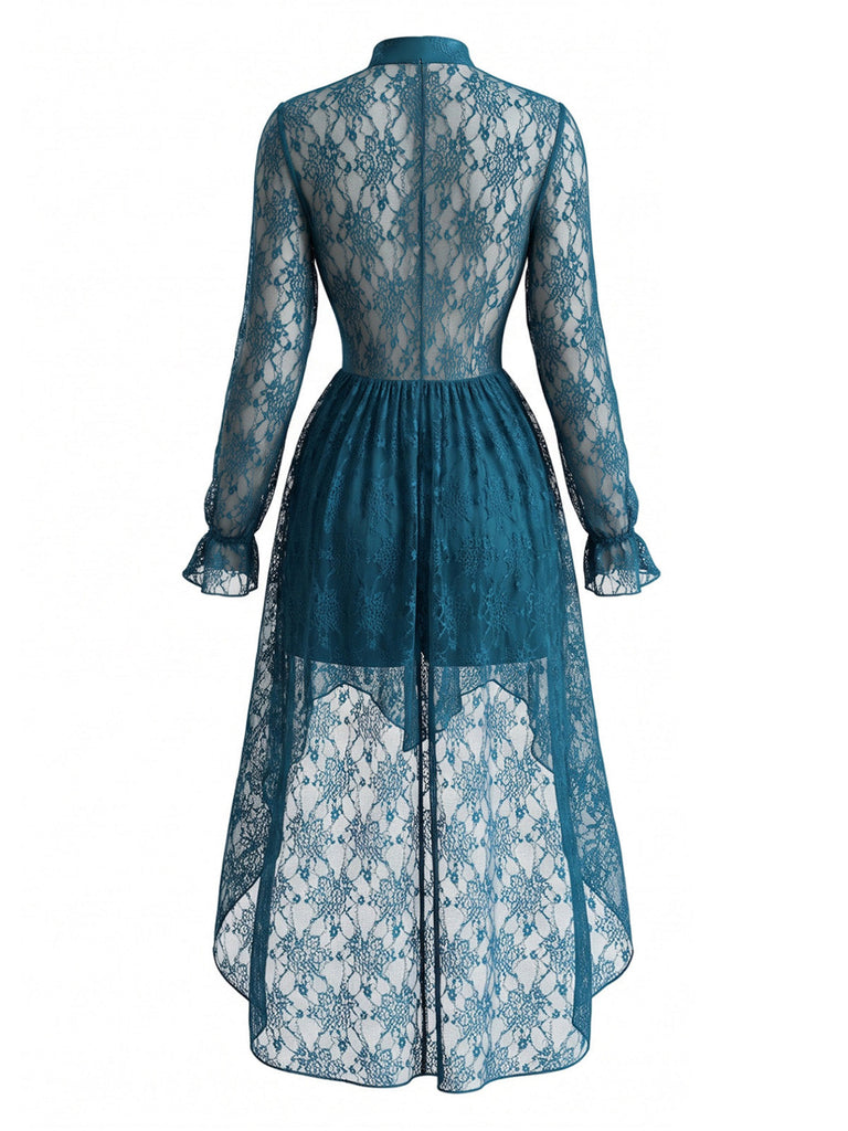 70er Spitzenkleid mit V-Ausschnitt und asymmetrischem Saum