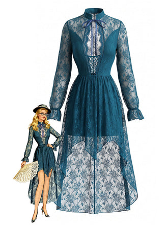 70er Spitzenkleid mit V-Ausschnitt und asymmetrischem Saum