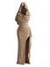 Khaki 70er Kapuzen-Maxikleid mit Wasserfallausschnitt und Schlitz