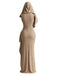 Khaki 70er Kapuzen-Maxikleid mit Wasserfallausschnitt und Schlitz