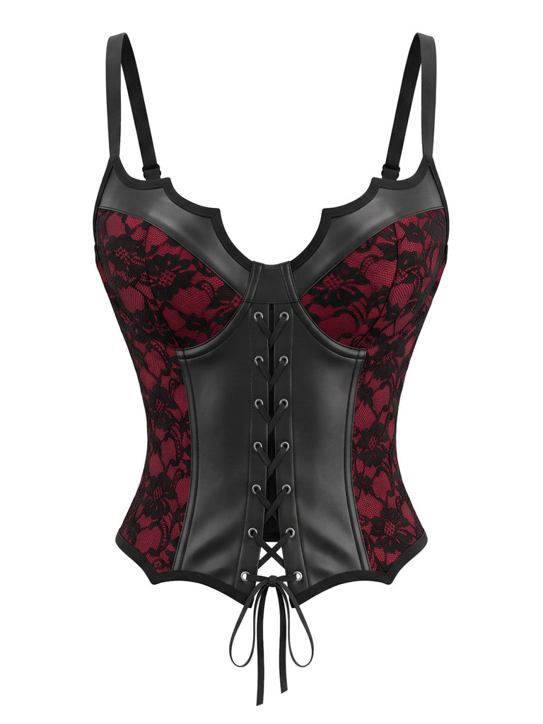 70er Gothic Kunstleder-Korsett-Top mit floraler Spitze und Schnürung