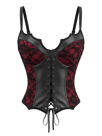 70er Gothic Kunstleder-Korsett-Top mit floraler Spitze und Schnürung