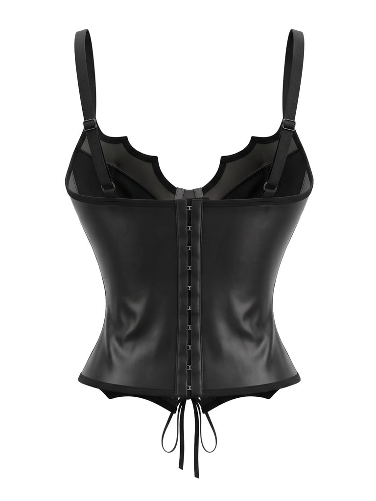 70er Gothic Kunstleder-Korsett-Top mit floraler Spitze und Schnürung