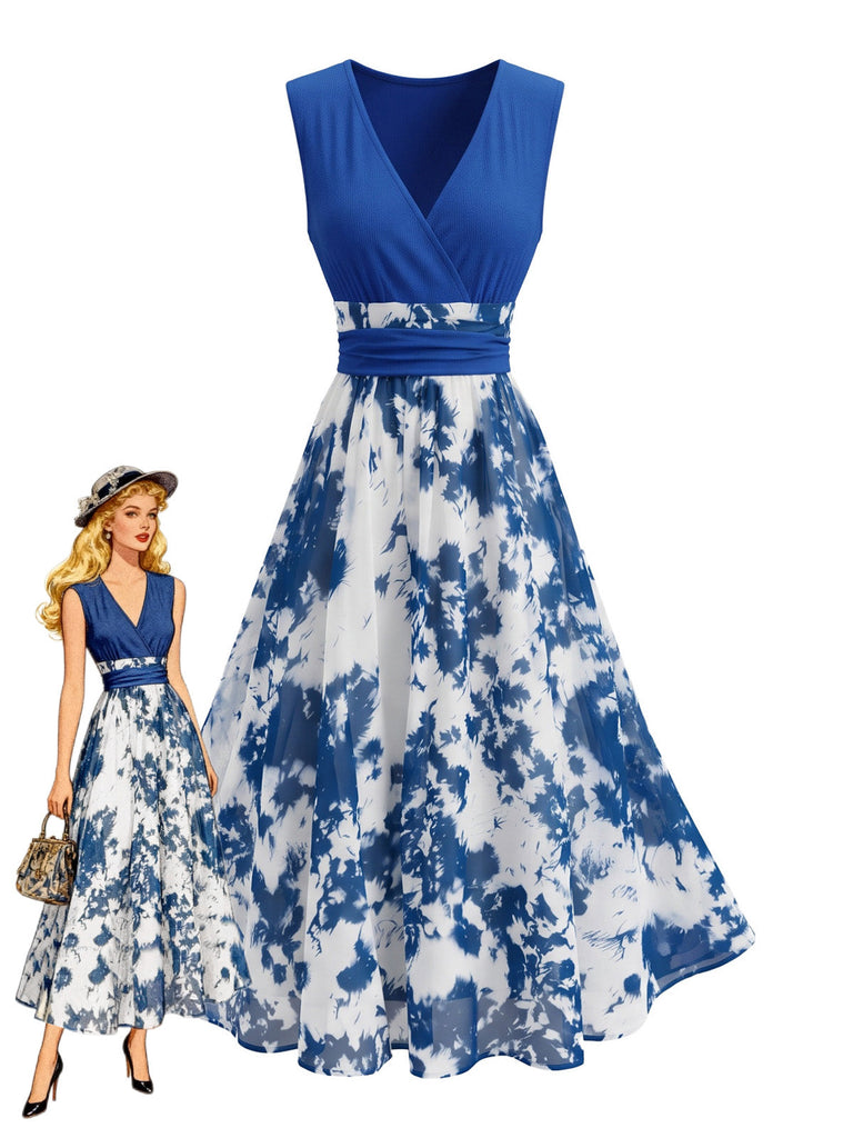 Blaues 50er Swingkleid mit Blumen-Print und tiefem V-Ausschnitt