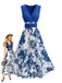 Blaues 50er Swingkleid mit Blumen-Print und tiefem V-Ausschnitt