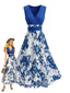 Blaues 50er Swingkleid mit Blumen-Print und tiefem V-Ausschnitt