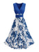 Blaues 50er Swingkleid mit Blumen-Print und tiefem V-Ausschnitt