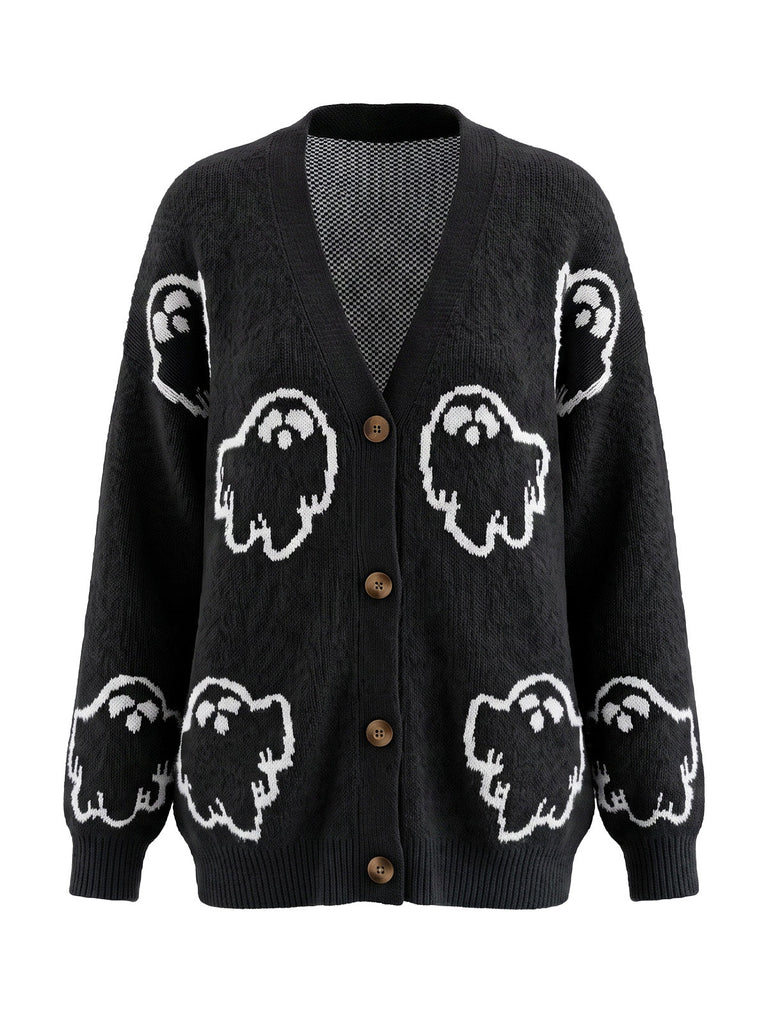 70er Halloween-Strick-Cardigan mit Geister-Print und Knopfleiste