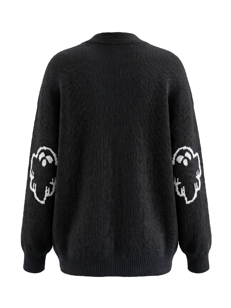 70er Halloween-Strick-Cardigan mit Geister-Print und Knopfleiste