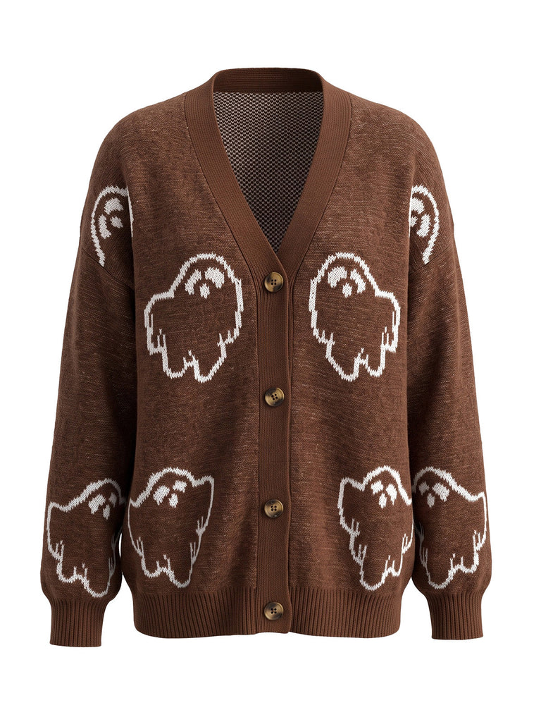 70er Halloween-Strick-Cardigan mit Geister-Print und Knopfleiste