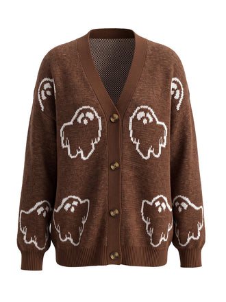 70er Halloween-Strick-Cardigan mit Geister-Print und Knopfleiste