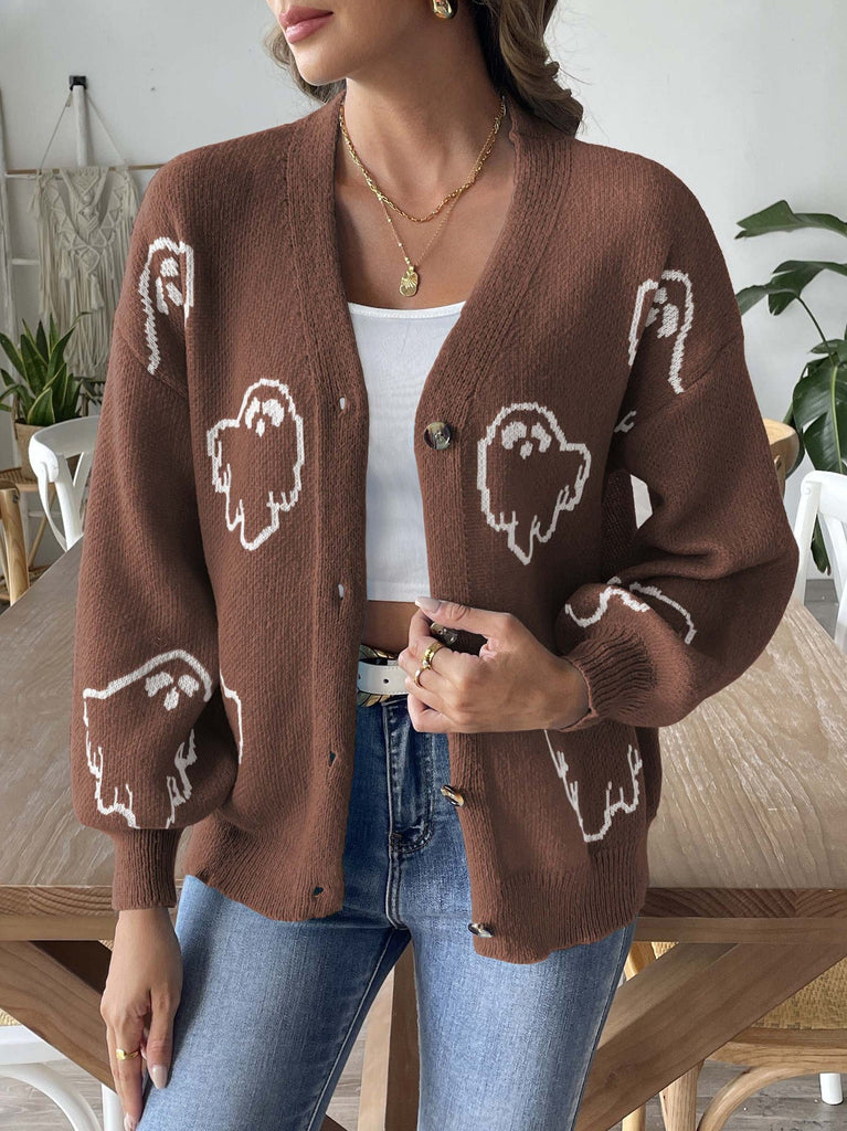 70er Halloween-Strick-Cardigan mit Geister-Print und Knopfleiste