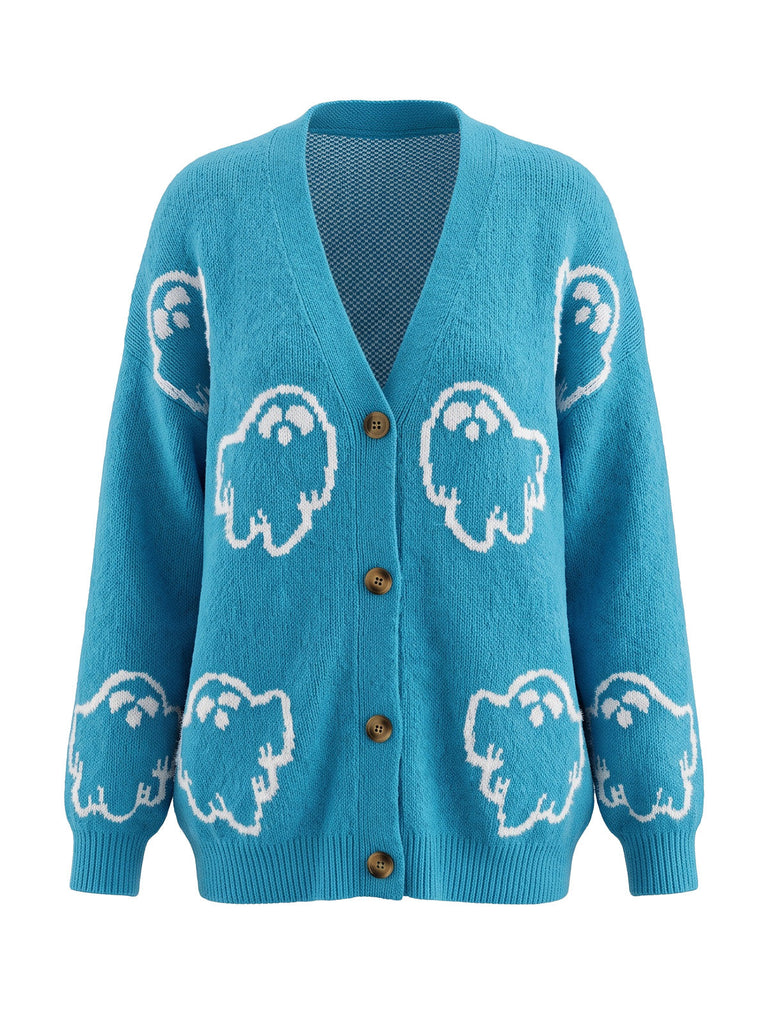 70er Halloween-Strick-Cardigan mit Geister-Print und Knopfleiste