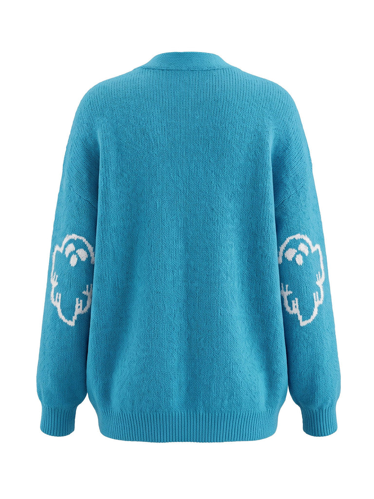 70er Halloween-Strick-Cardigan mit Geister-Print und Knopfleiste