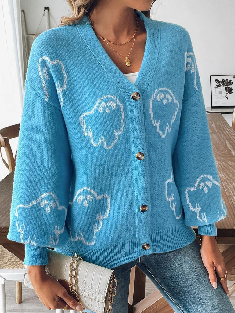 70er Halloween-Strick-Cardigan mit Geister-Print und Knopfleiste